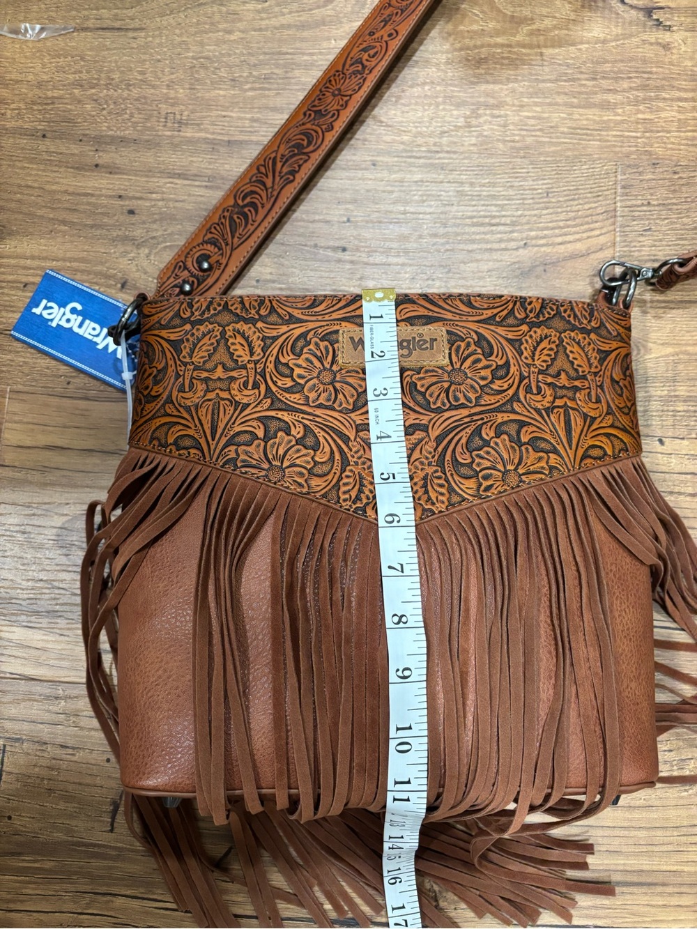 Wrangler Brown Leather Tooled Floral Fringe Crossbody - Picture 15 of 16